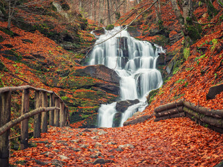 view to huge mountains waterfall in autumn day with nobody in Ukraine