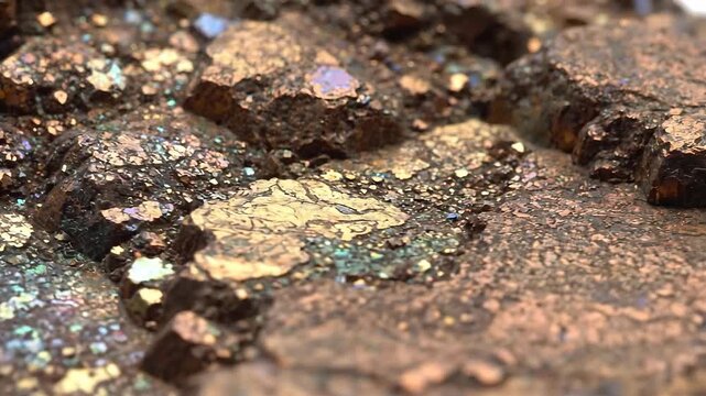 Close up of iridescent chalcopyrite mineral with metallic luster.