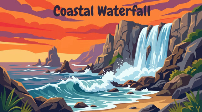 coastal waterfall pours directly into the ocean, combining freshwater motion with seascape elements and dramatic shoreline geology