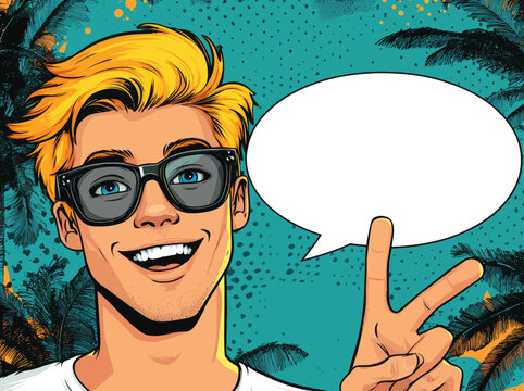 In a pop art comic style illustration, a blond man's mouth is open in surprise