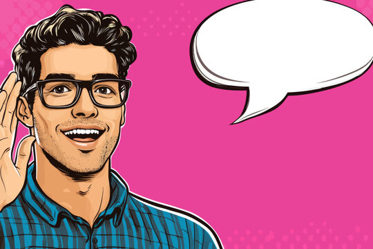 In a modern illustration that blends retro and pop art comic styles, a young man with glasses is shown with a surprised and happy expression, his mouth hanging open