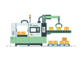 An industrial machine efficiently packages boxes on a conveyor belt in a factory setting.