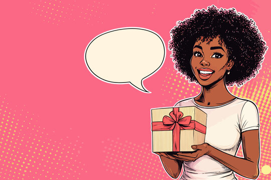 In a modern pop art style with a retro comic influence, a young African American woman is shown with a surprised and sexy expression, her mouth agape, as she holds a brightly colored gift box and has