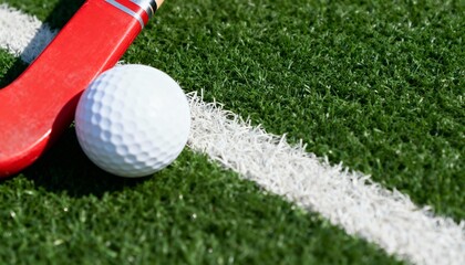 Red field hockey stick and white ball on green artificial turf. Close up of sports equipment on synthetic grass pitch with boundary line