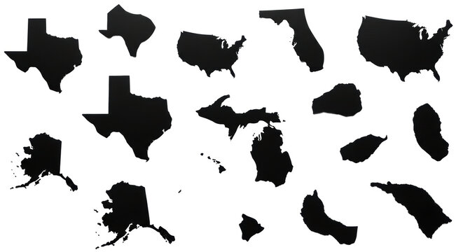 A collection of 10-15 distinct solid black silhouettes of US states (Texas, Florida, California), crisp clean edges, on a transparent background with ample copy space, high contrast studio lighting,