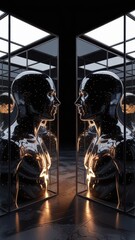 Glowing Black AI Figures Reflecting Concept of Human Duality