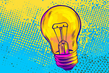 The idea concept is visually represented as a pop art light bulb on a blue-colored background