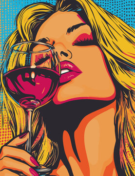 A colorful illustration in the style of modern pop art comics shows a blonde girl with wavy hair and red lipstick, enjoying a drink of alcohol