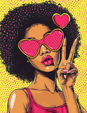 An illustration of a beautiful African American girl creating a heart shape with her hands, paired with a young woman in pink glasses, is showcased in a modern pop art style, suitable for a Saint