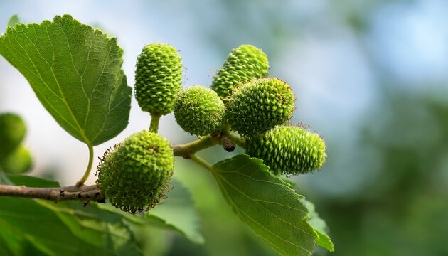 Close Up Shot Of Green Textured Immature Cones Or Fruits Of An Alder Tree On A Branch Against A Blurred Background Of Leaves And Sky