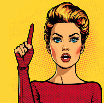 Vibrant colors bring to life a surprised woman and an exclamation point, illustrated in the style of modern pop art with a retro comic twist