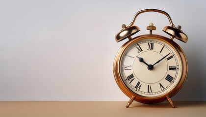 vintage alarm clock on white backdrop with empty space for text retro background