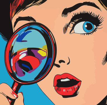 In a modern pop art illustration inspired by retro comics, a woman is shown working as a detective and searching with a magnifying glass