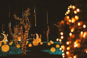 Sparkling night garden with glowing trees, crescent moons, and spheres creating magical light...