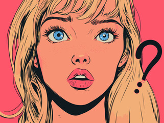 The woman in the American comic is shown with a question mark against a red background