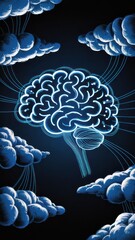 Conceptual Mind Network Illustration with Neon Blue Brain