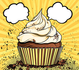 This pop art-inspired illustration presents a scrumptious cupcake, decorated with half a strawberry, chocolate fragments, and striped waffle sticks, topped with a generous helping of whipped cream,