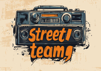 A pop art style street graffiti design featuring the inscription Street, with a background that includes clouds, explosions, a Boombox, a skate, a ball, and ice cream, perfect for creating stickers,