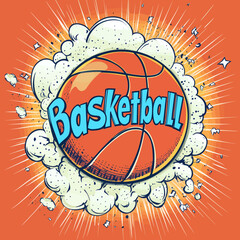 The modern illustration features the phrase "Comic bang with expression text Basketball" and includes a comics book font sound phrase template with a basketball ball, all presented in a pop art style