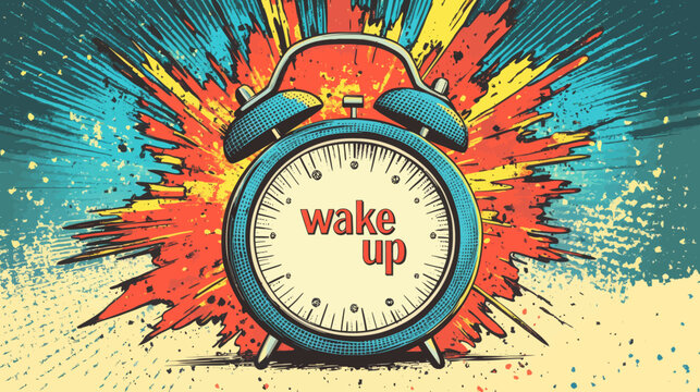 A bright and dynamic illustration in the style of retro pop art, showcasing a comic alarm clock accompanied by a speech bubble bearing the words wake up, all set on a visually striking halftone