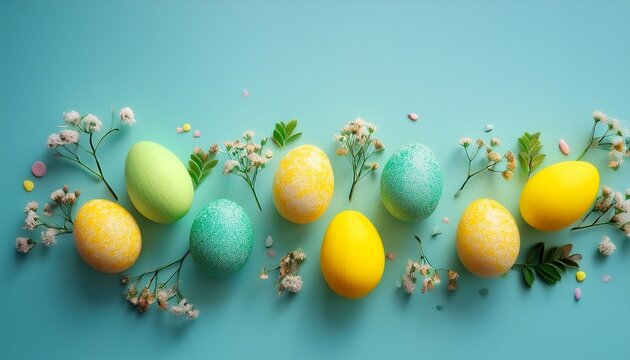 Colorful Small Easter Eggs With Flowers And Branches On A Light Blue Background Yellow And Green Tones Easter Card Background Spring Design Element Generative Ai