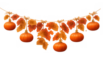 Autumn garland featuring decorative orange pumpkins and vibrant fall leaves strung on a festive rope, transparent background