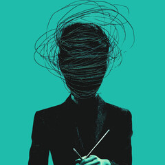 Trendy urban magazine styles influence this modern design, which incorporates a contemporary art collage and depicts a woman's thoughts on a blue background