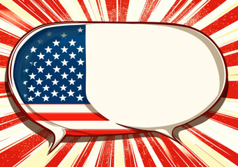 An abstract comic illustration of the United States flag incorporates modern pop art elements, including speech bubbles, on a dynamic background