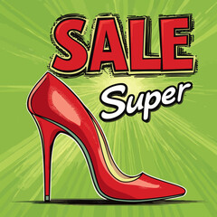 Comic book pop art style is used for a super sale shoes banner that showcases a red high heel pump on a green sunburst background with halftone texture