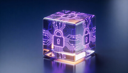glowing encrypted data cube with lock symbols, encryption concept