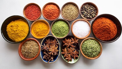 variety of spice filled bowls on white backdrop top down view metadata optimization with different spices background top