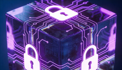 glowing encrypted data cube with lock symbols, encryption concept