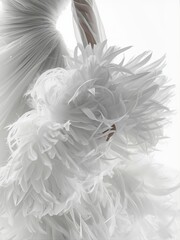 A delicate white dress made of intricate feathers and soft fabric, capturing elegance and lightness. This stunning close-up shot conveys ethereal beauty and modern fashion in a dreamlike style.