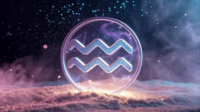 Aquarius zodiac Glowing Aquarius Symbol in Mystical Holographic Setting with Vibrant Colors, Cosmic Dust, and Ethereal Atmosphere