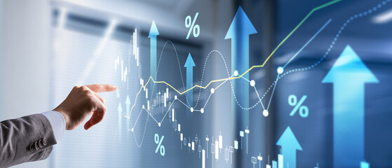 Growing charts against the backdrop of the city. Business chart and reflection buildings