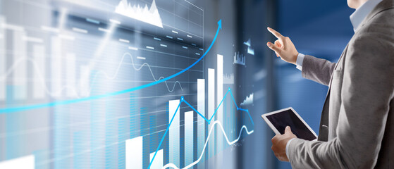 3D charts with up arrows, business panel on virtual screen