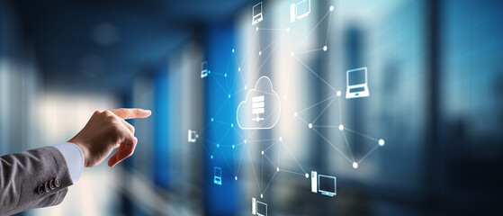 Digital technology data exchange cloud computing global business concept. Cloud computing on a virtual screen
