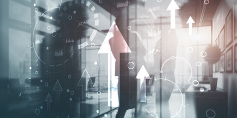 Business intelligence dashboard and arrows up, key performance indicators on a virtual screen computer interface