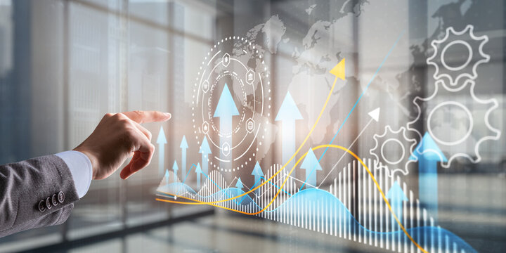 Growth arrow up and progress success business skill increase improvement graph on market profit stock background