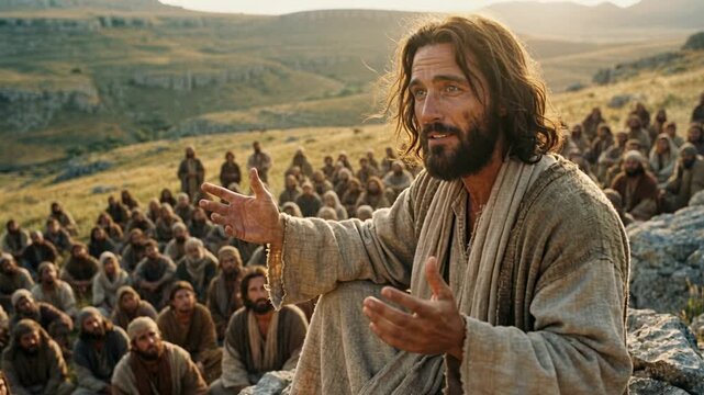  Jesus Christ sitting on mountain peak teaching diverse disciples men and women and choosing twelve apostles during Sermon on the Mount