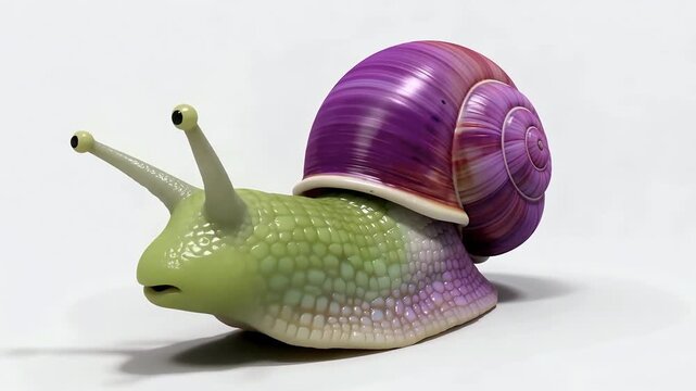 Colorful snail toy with purple shell on white background.