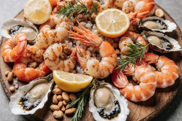 Fresh seafood platter featuring shrimp, oysters, and lemon slices arranged beautifully on a wooden board, perfect for gourmet dining and culinary experiences
