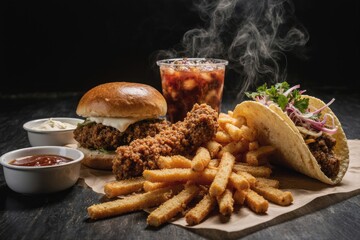 Delicious fried chicken sandwich with crispy fries, taco, and refreshing beverage on a dark wooden table, showcasing a mouthwatering meal presentation