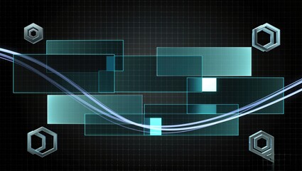 Abstract digital background featuring geometric shapes and transparent rectangles, creating a modern and dynamic design with copy space for text or graphics