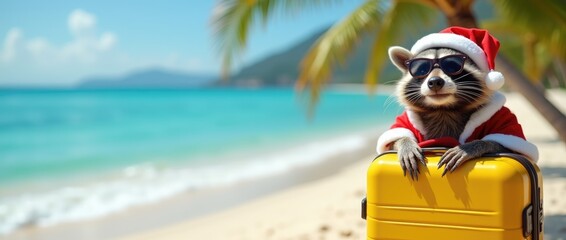 Raccoon wearing Santa hat and sunglasses relaxing on yellow suitcase at tropical beach, enjoying sunny vacation atmosphere with palm trees and ocean waves