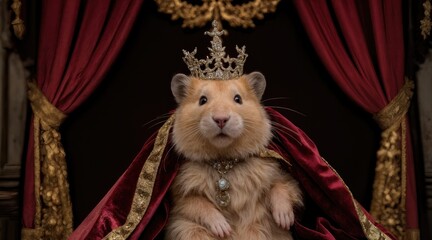 Adorable small animal dressed as a royal figure, wearing a crown and luxurious robe, posing regally against a rich, ornate backdrop with velvet curtains
