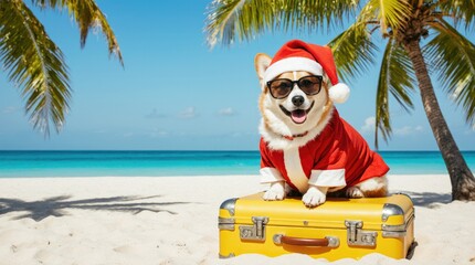 Happy corgi dog wearing Santa outfit and sunglasses sitting on a yellow suitcase at a tropical beach, enjoying a sunny holiday atmosphere with palm trees