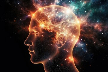 Abstract illustration of a human head filled with cosmic elements, showcasing the connection between consciousness and the universe, representing creativity and imagination