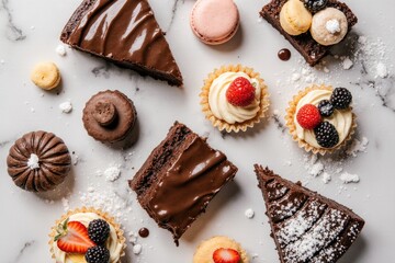 Assorted delicious desserts including chocolate cake, macarons, and fruit-topped pastries arranged on a marble surface, showcasing a delightful confectionery spread