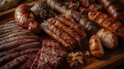 Assorted grilled meats including sausages, steaks, and ribs arranged on a wooden platter, showcasing a delicious barbecue feast with rich textures and colors